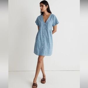 Madewell button-front V-neck mini dress in tranquil lake blue eyelet lace
